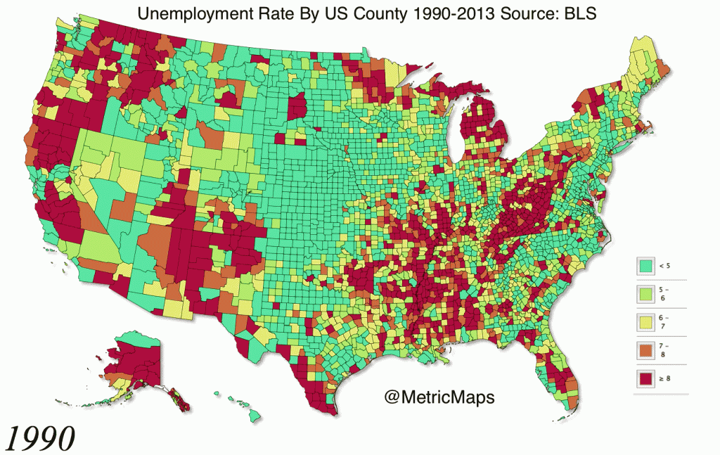 アメリカの失業率がこの２４年でどう変化したか１０秒でわかる地図